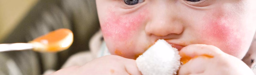 طفل يوجد بوجهه حبوب حمراء لأنه يعاني من حساسية الطعام عند الأطفال